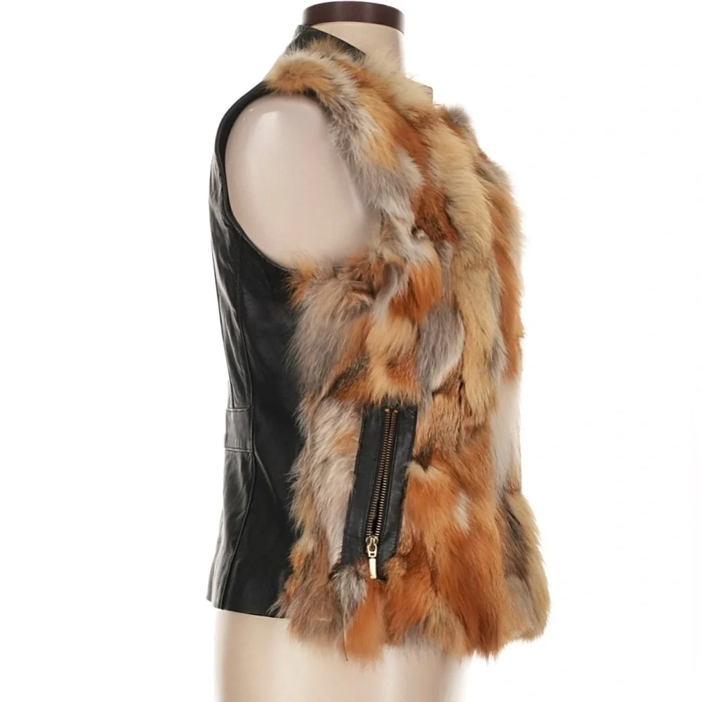 ANDRE'S GHUSTO Genuine Fox Fur Vest Leather Contrast Statement Piece OFAK Large